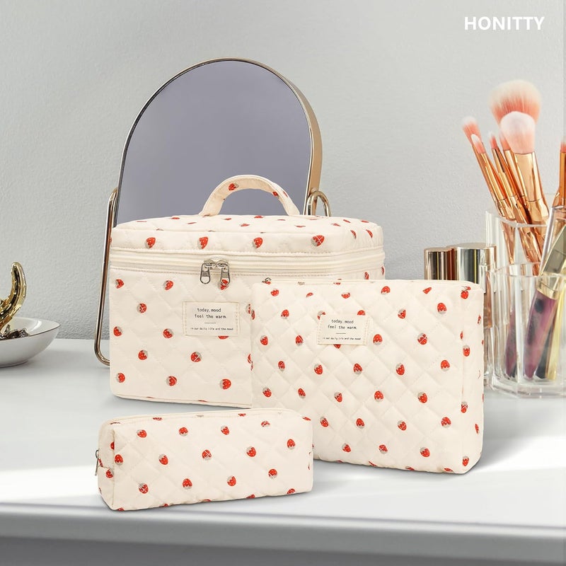honitty Makeup Bag,Quilted Cosmetic Bags,Large Floral Make Up Organize bag,Makeup Bag Set for Women,Flower Travel Toiletry Bag - Image 5